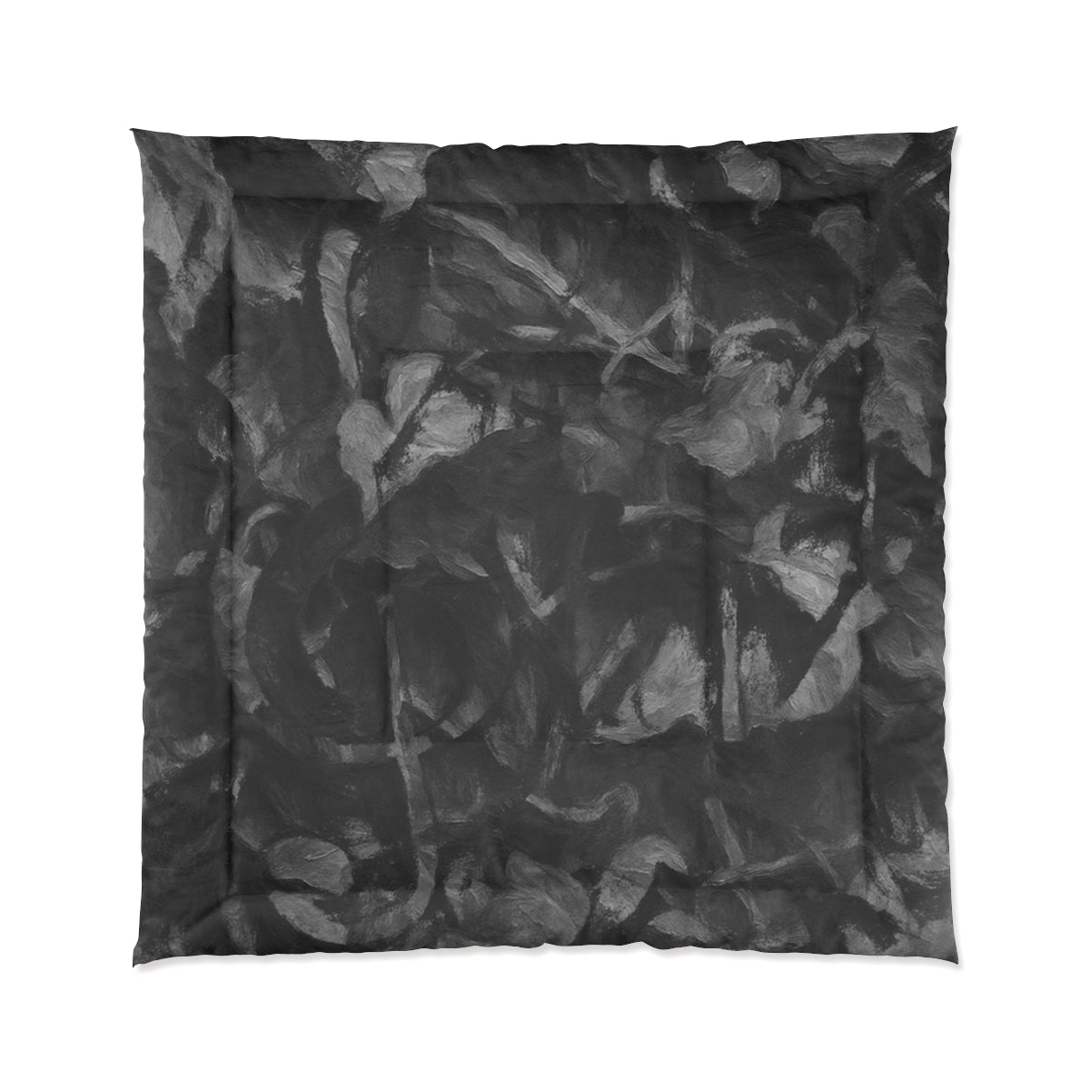 Square comforter featuring soft brushstrokes in grayscale tones balanced across a textured surface displayed on white background size 88'' x 88''