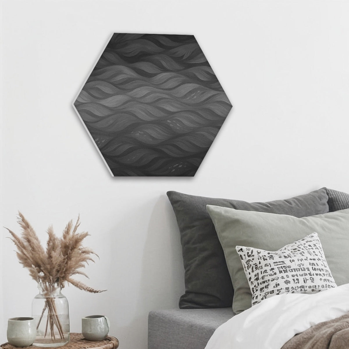 Soft grayscale variant of flowing wave pattern on a hexagonal acoustic panel, mounted in a neutral interior.