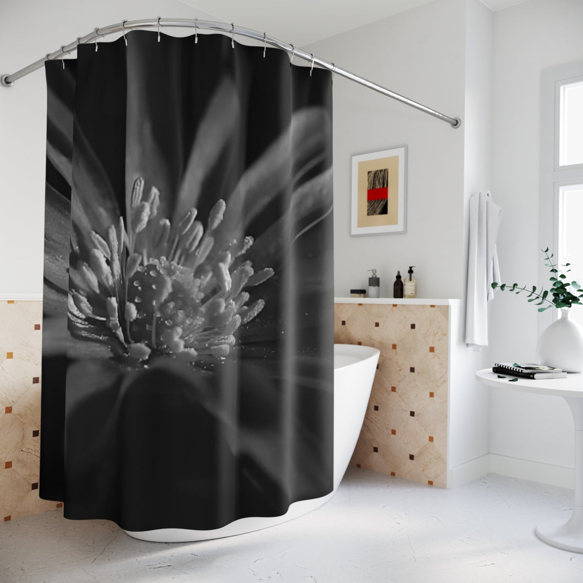 Grayscale shower curtain design with a monochrome close-up of a purple anemone flower, 72x72 inches.