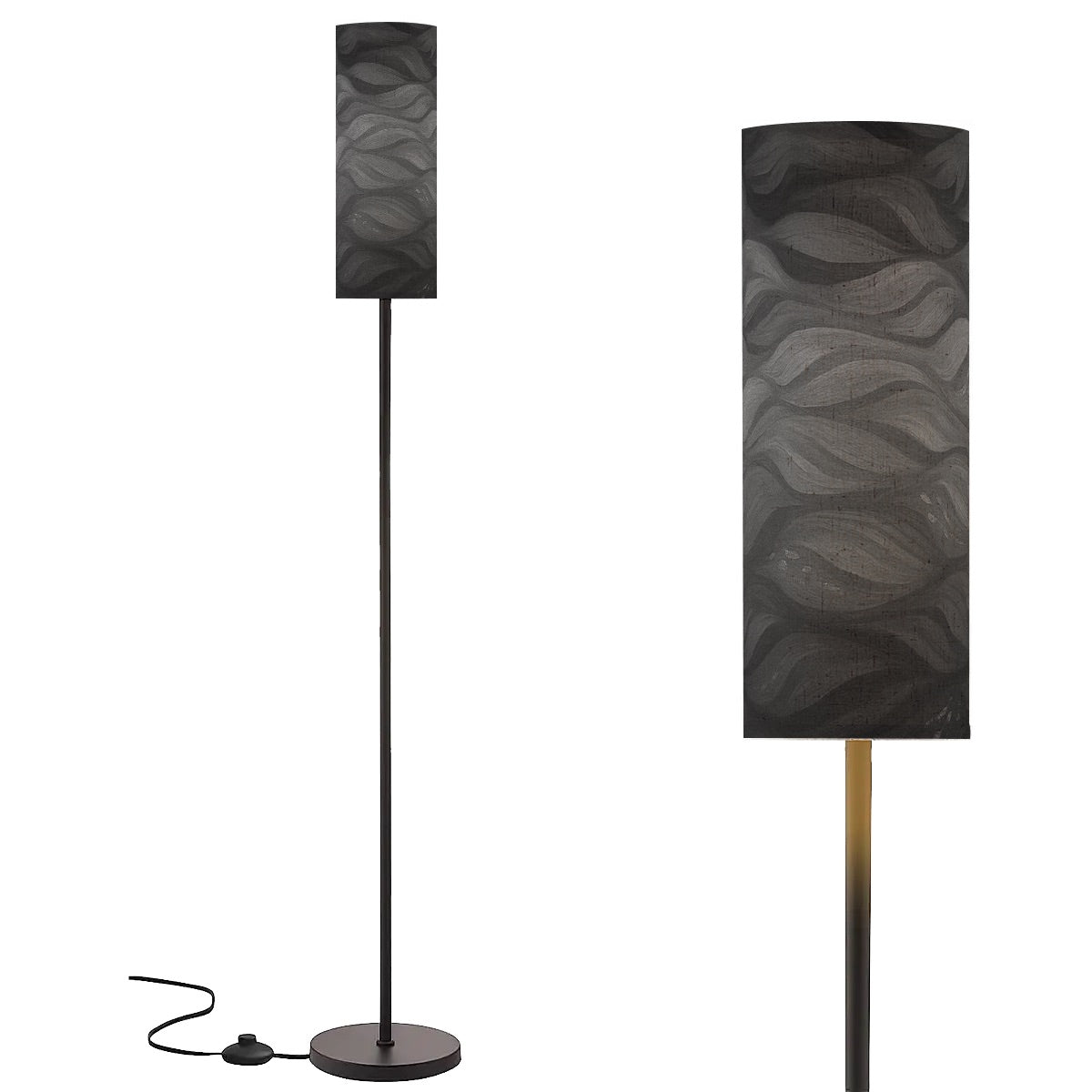 Grayscale Gilded Amethyst Currents lamp: layered gray-tone currents on linen, mounted on a minimalist black metal pole.