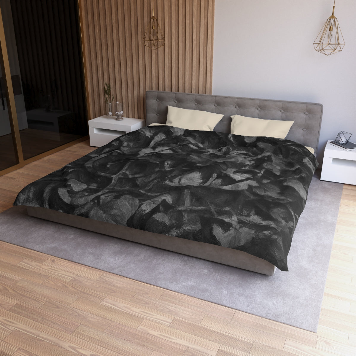 King size Grayscale duvet cover with cream lining, black and gray microfiber surface with soft painted leaf impressions