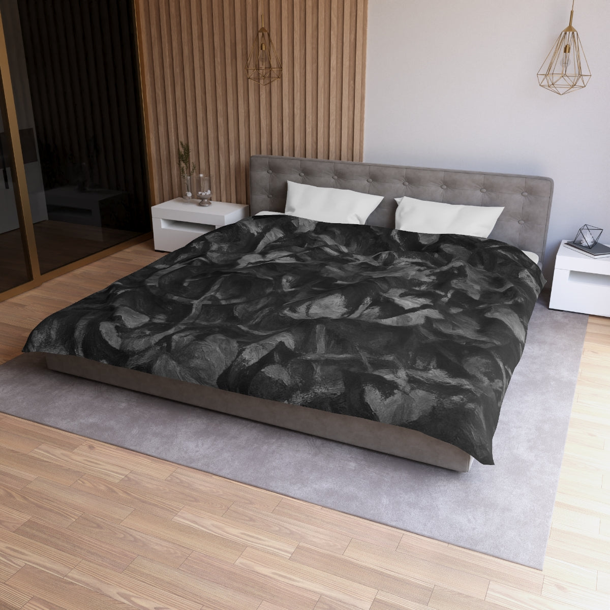 King size Grayscale duvet cover with white lining, black and gray microfiber surface with soft painted leaf impressions