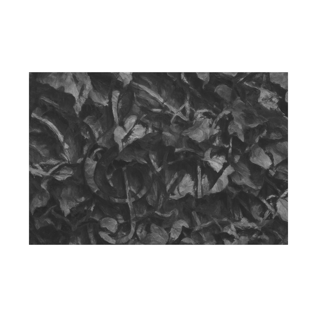 Dense grayscale canvas showing tangled leaf textures in smooth tonal gradients, with a faint treble clef emerging