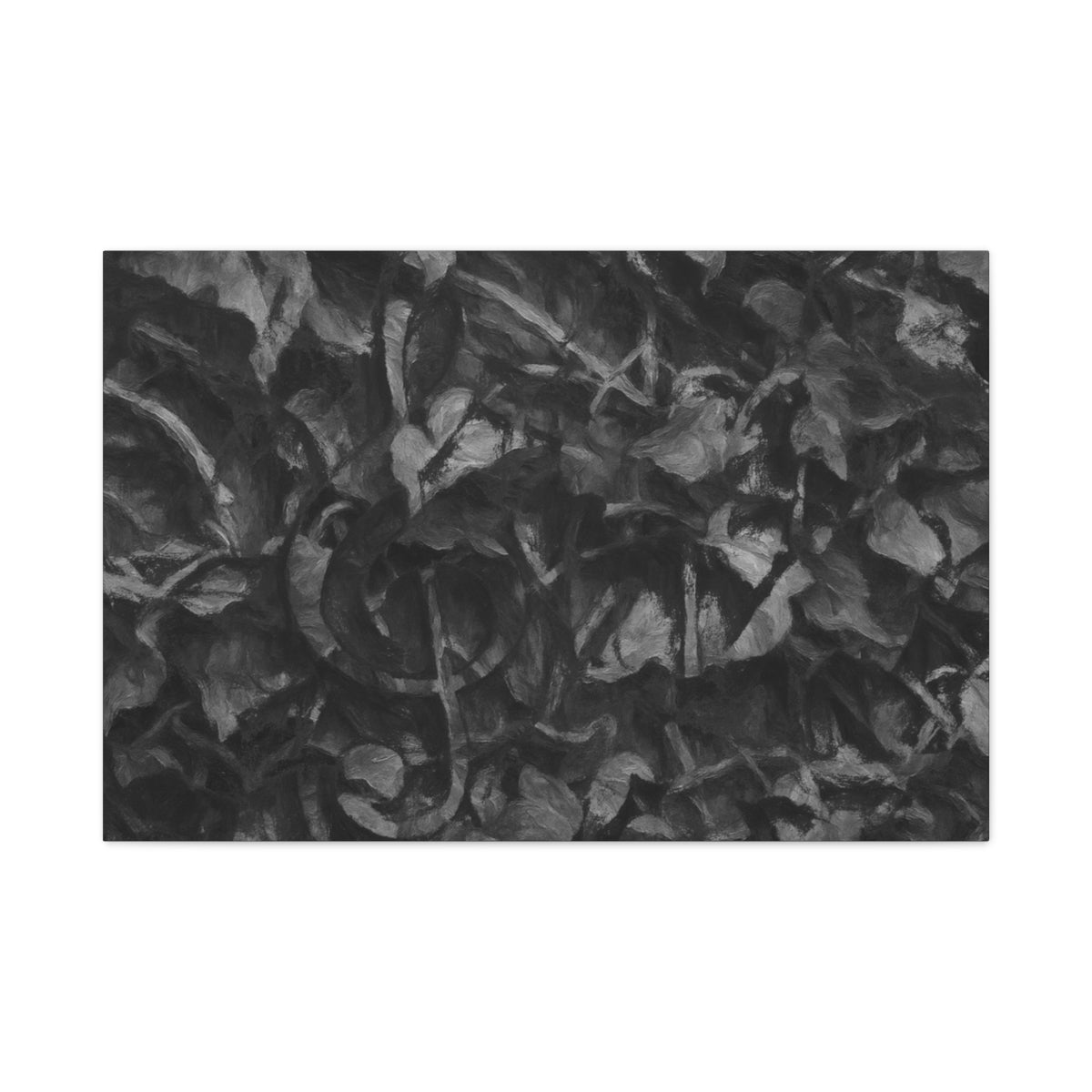 Dense grayscale canvas showing tangled leaf textures in smooth tonal gradients, with a faint treble clef emerging