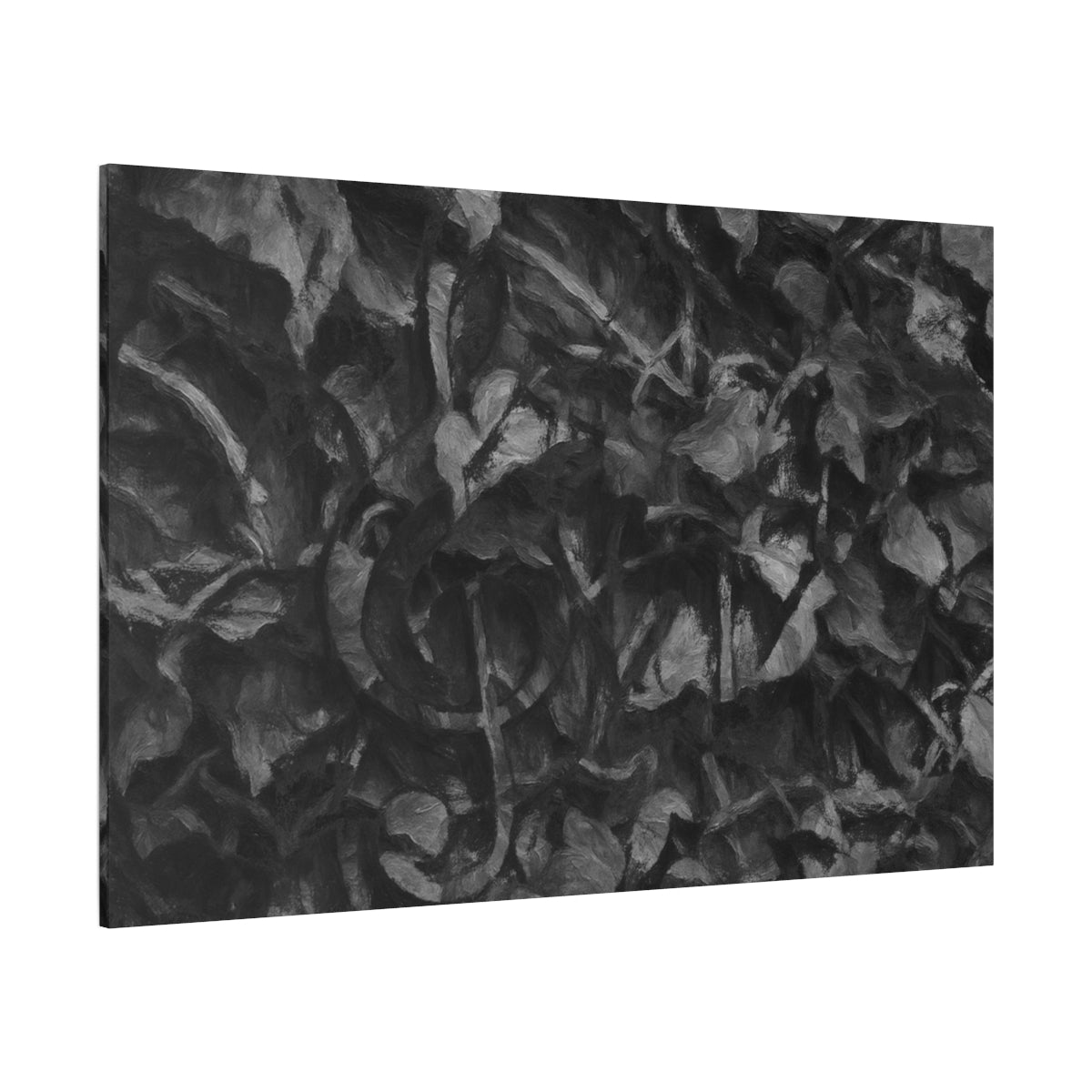 Dense grayscale canvas showing tangled leaf textures in smooth tonal gradients, with a faint treble clef emerging - angled view