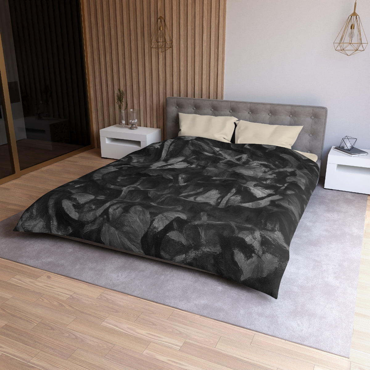 Queen size Grayscale duvet cover with cream lining, monochrome bedding with soft abstract texture and tonal variation