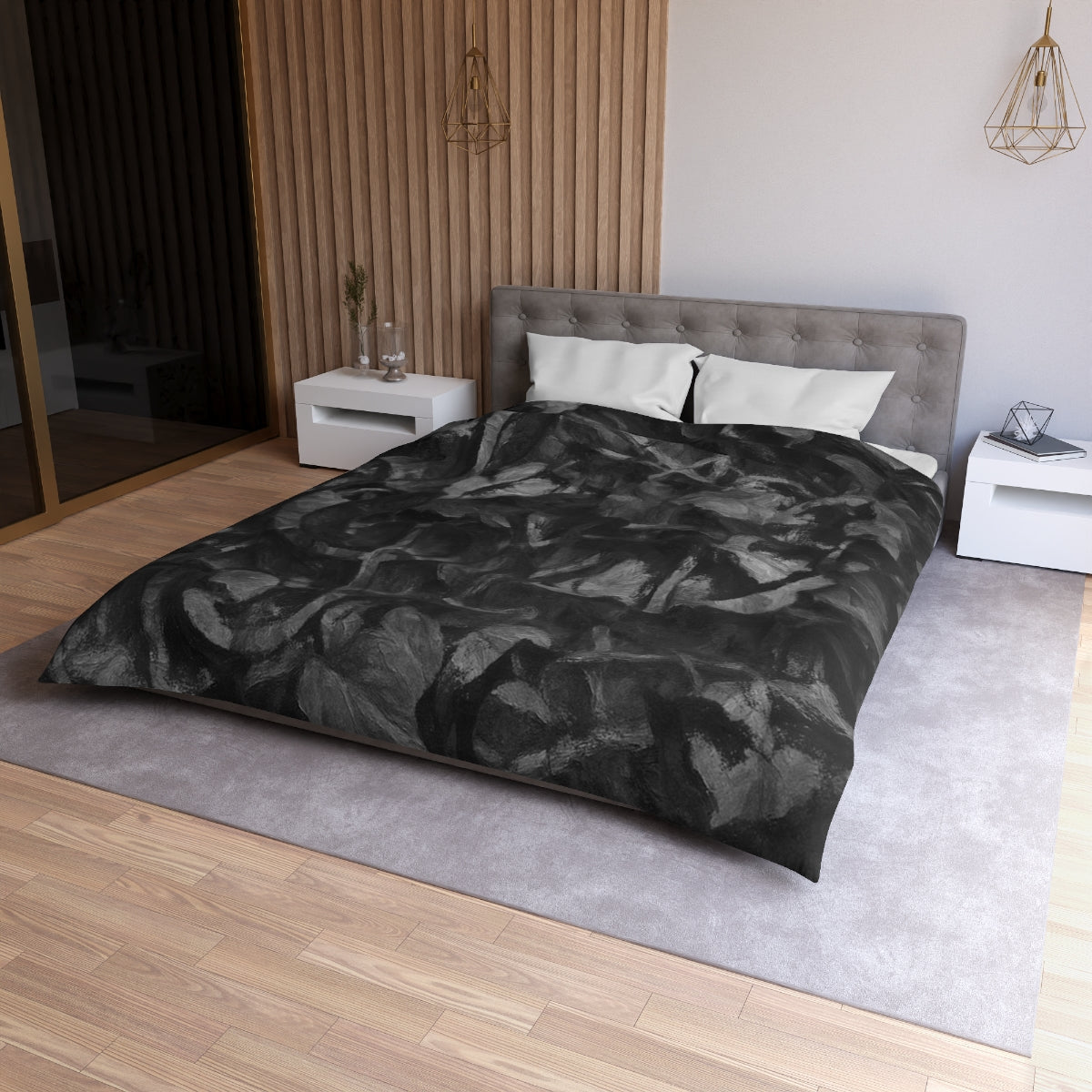 Queen size Grayscale duvet cover with white lining, monochrome bedding with soft abstract texture and tonal variation