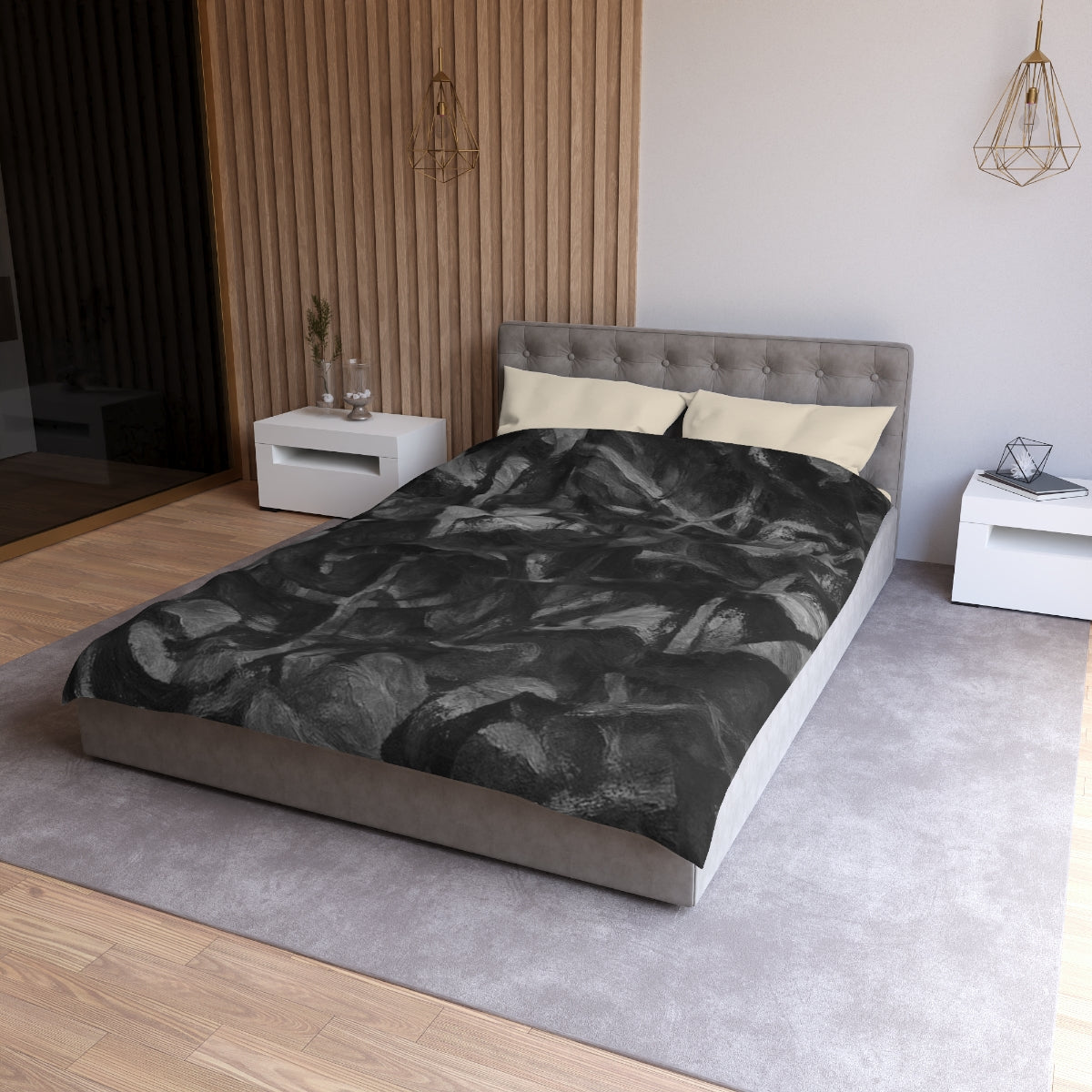 Twin size Grayscale duvet cover with cream lining, abstract leaf pattern in soft black, charcoal, and gray tones on microfiber