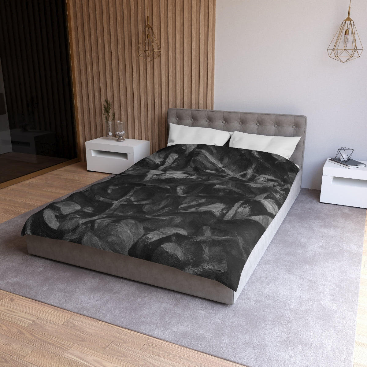 Twin size Grayscale duvet cover with white lining, abstract leaf pattern in soft black, charcoal, and gray tones on microfiber