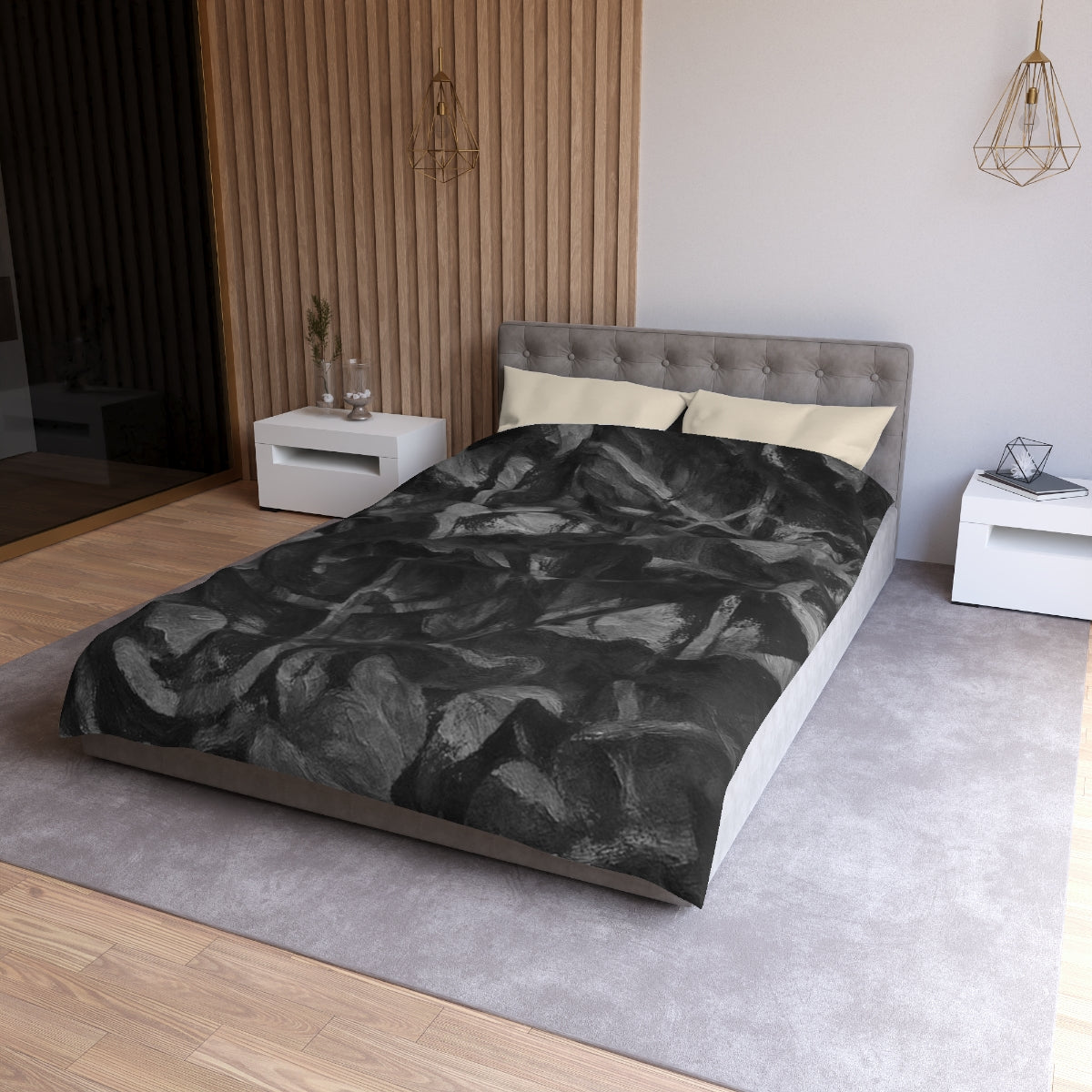 Twin XL size Grayscale duvet cover with cream lining, painterly grayscale leaves layered in fluid tonal transitions