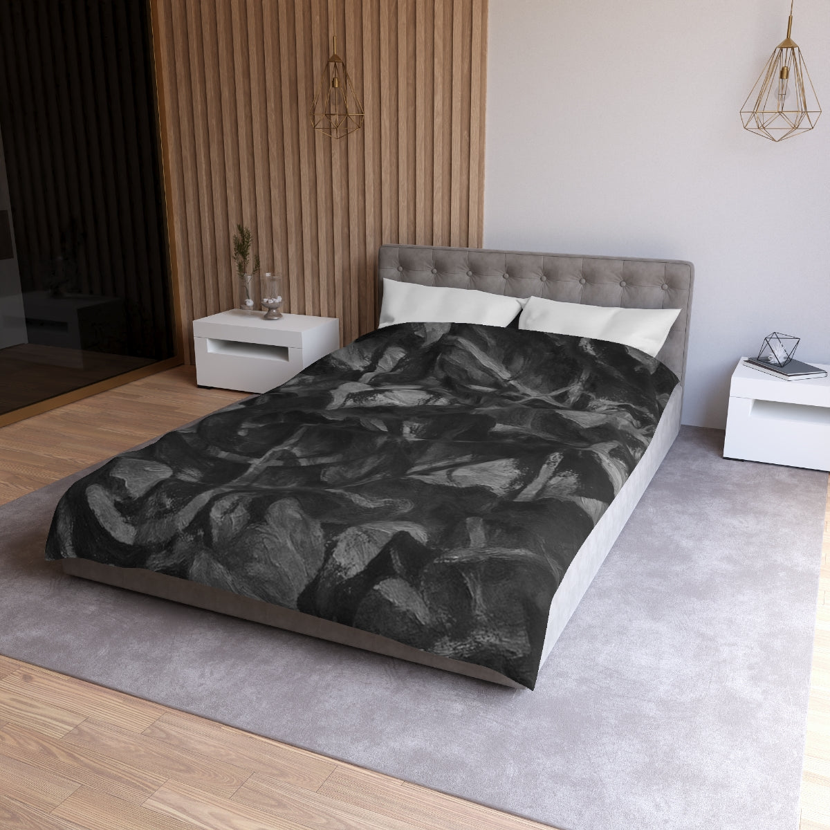 Twin XL size Grayscale duvet cover with white lining, painterly grayscale leaves layered in fluid tonal transitions