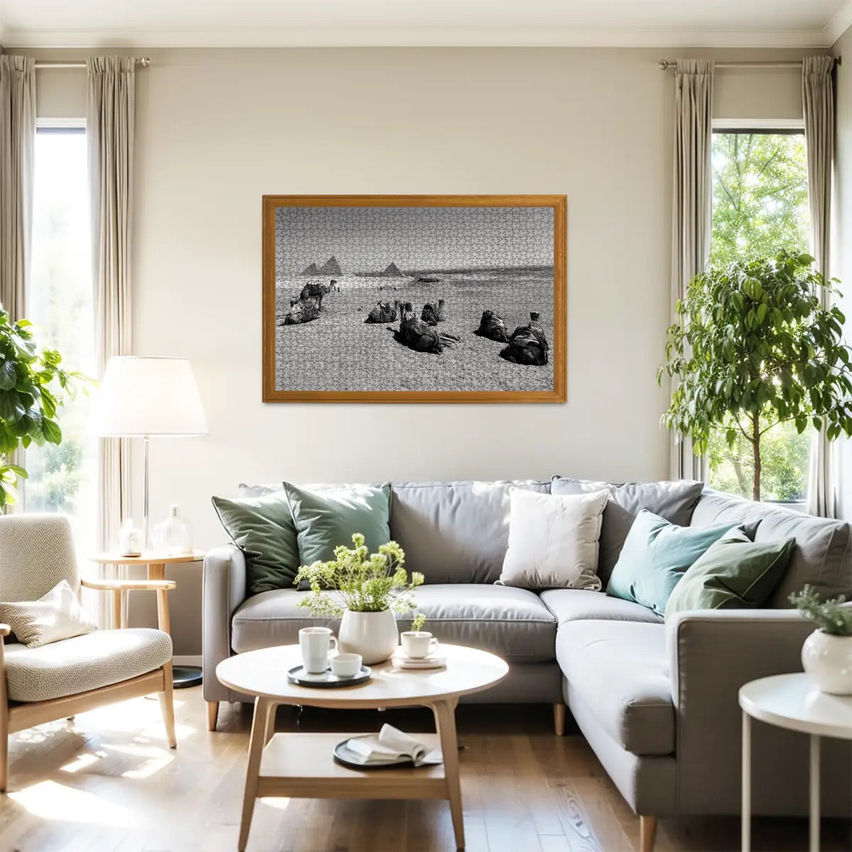 Greyscale version of camels and pyramids on the Giza Plateau, black and white 1000-piece oak puzzle