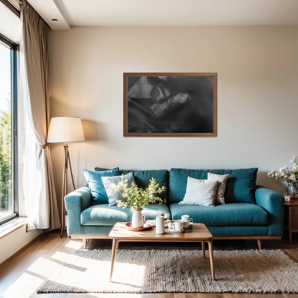 Greyscale version of red and green foliage jigsaw puzzle with soft-focus and blurred background