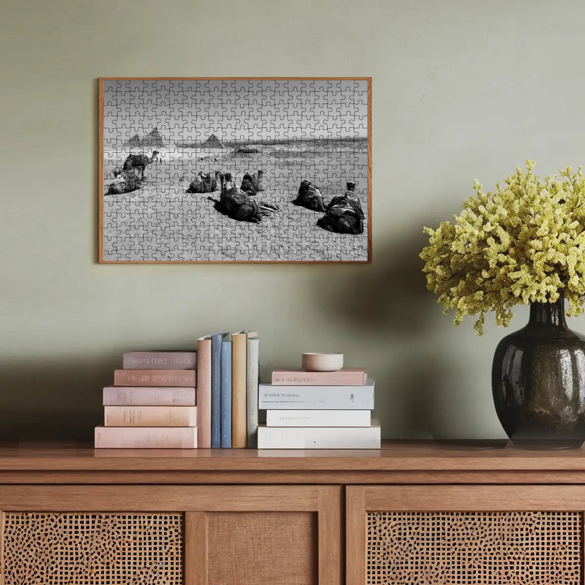 Black and white greyscale puzzle of camels on Giza Plateau, pyramids in background, 300 basswood pieces