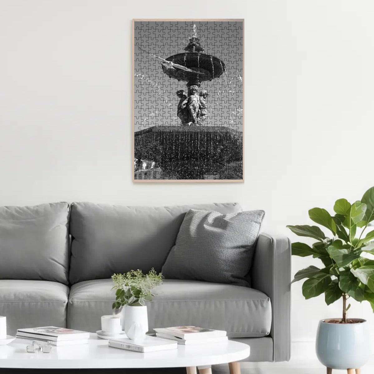 300-piece basswood jigsaw puzzle featuring a greyscale image of a seagull flying toward the camera in Lisbon, with sky and fountain behind, size 15" x 10.2"