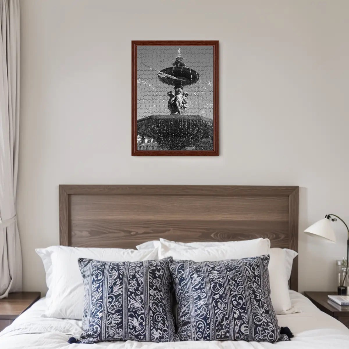 500-piece basswood jigsaw puzzle featuring a greyscale image of a seagull in flight in Lisbon with a fountain and sky, size 20.5" x 15"