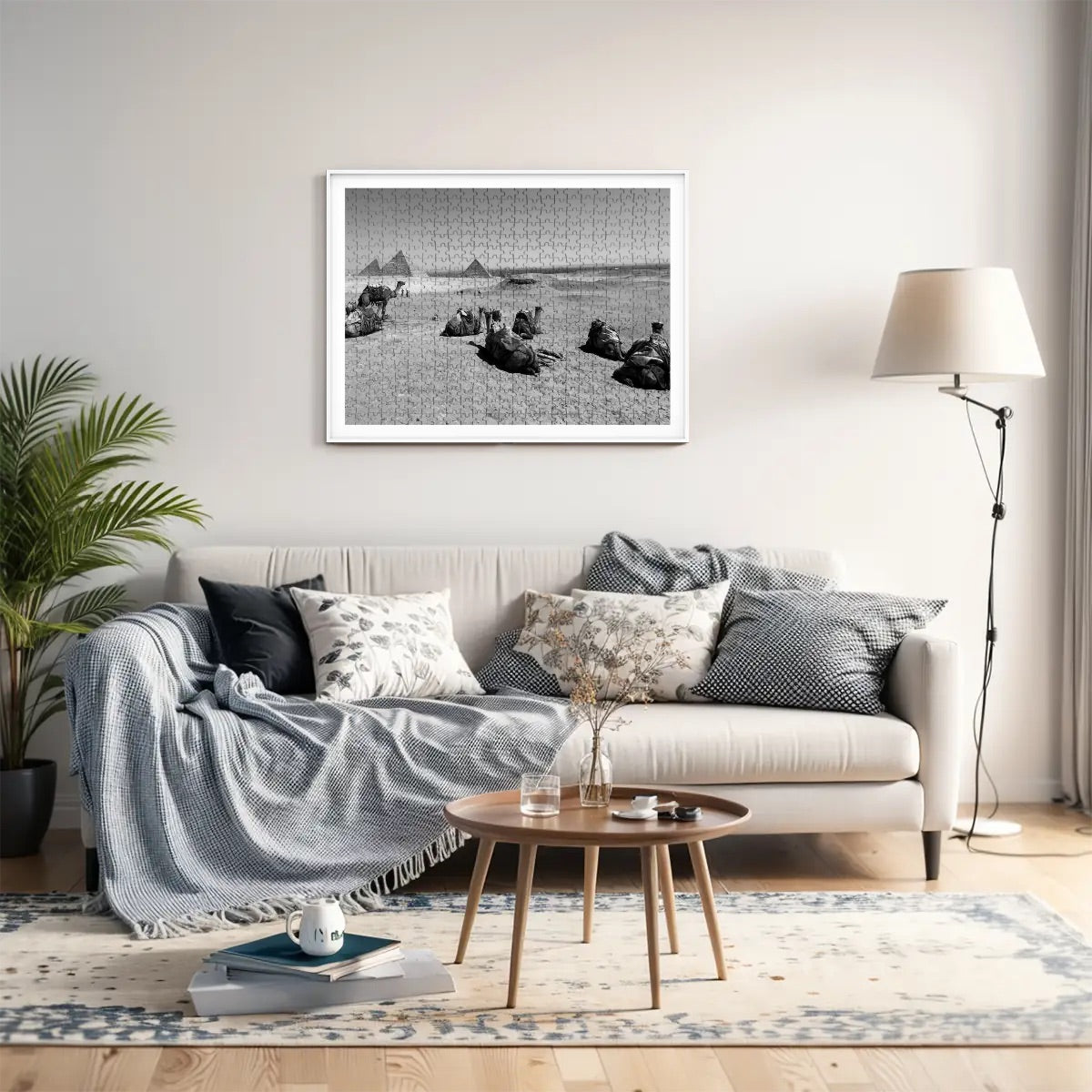 Black and white jigsaw puzzle of camels and pyramids near Giza, 500 basswood pieces