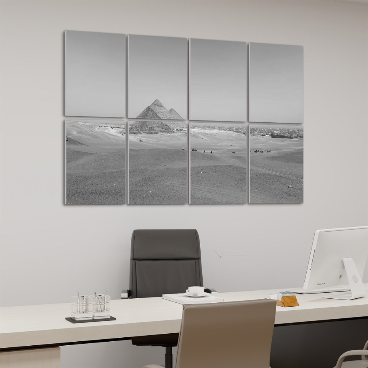 Left-angle view of greyscale Distant Pyramids wall art with soft monochrome desert tones and gentle contrast.
