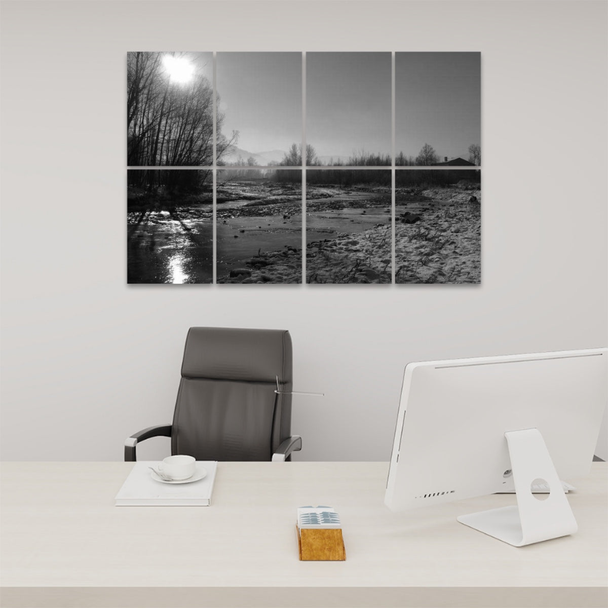 Front view of greyscale Winter Stream 8-panel wall art showing a snowy forest and stream in soft monochrome tones.