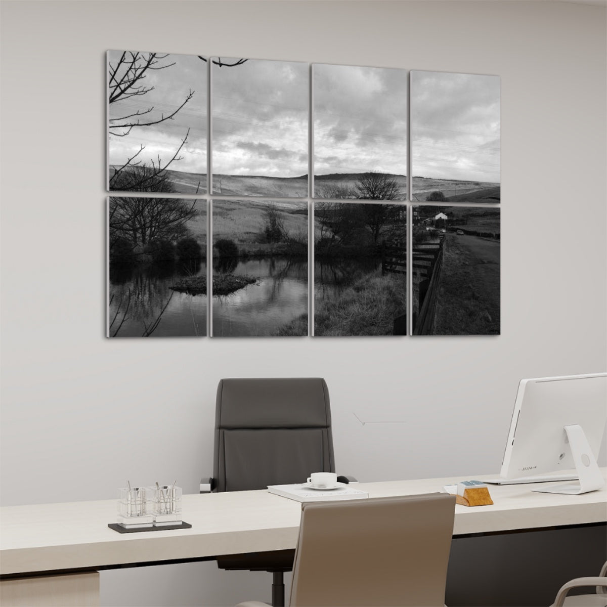 Left-angle view of greyscale 8-panel British Countryside wall art showing a hillside and pond in soft monochrome tones.