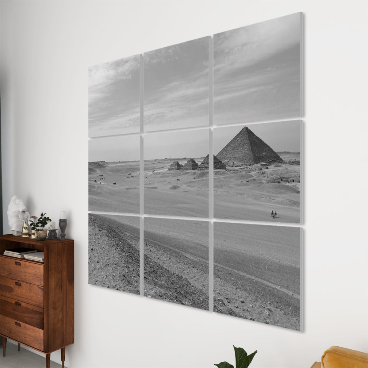 9 Decorative Sound Absorbing Wall Panel featuring Pyramid of Menkaure in Giza, size: 24''x24'', color: greyscale