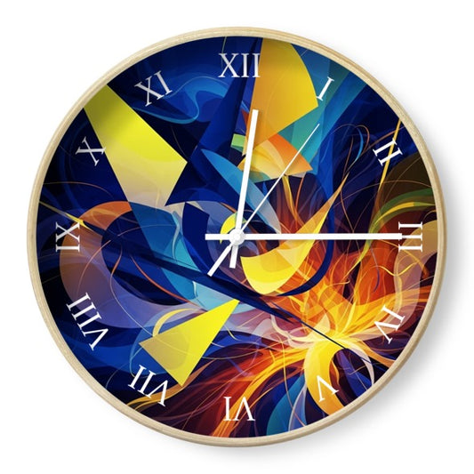 Colorful abstract design on a Handmade in UK Wooden Wall Clock with Roman numerals