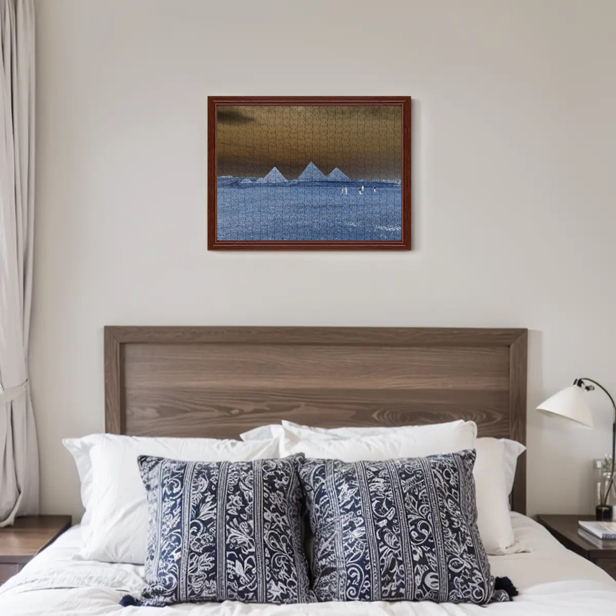 Inverted color version of the Pyramids of Giza, with surreal desert tones and abstract atmosphere.