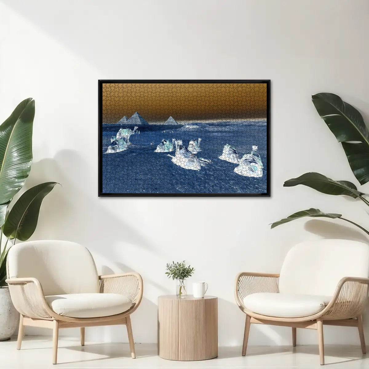 Inverted color puzzle of camels resting in the desert near the Giza pyramids, surreal negative color tones