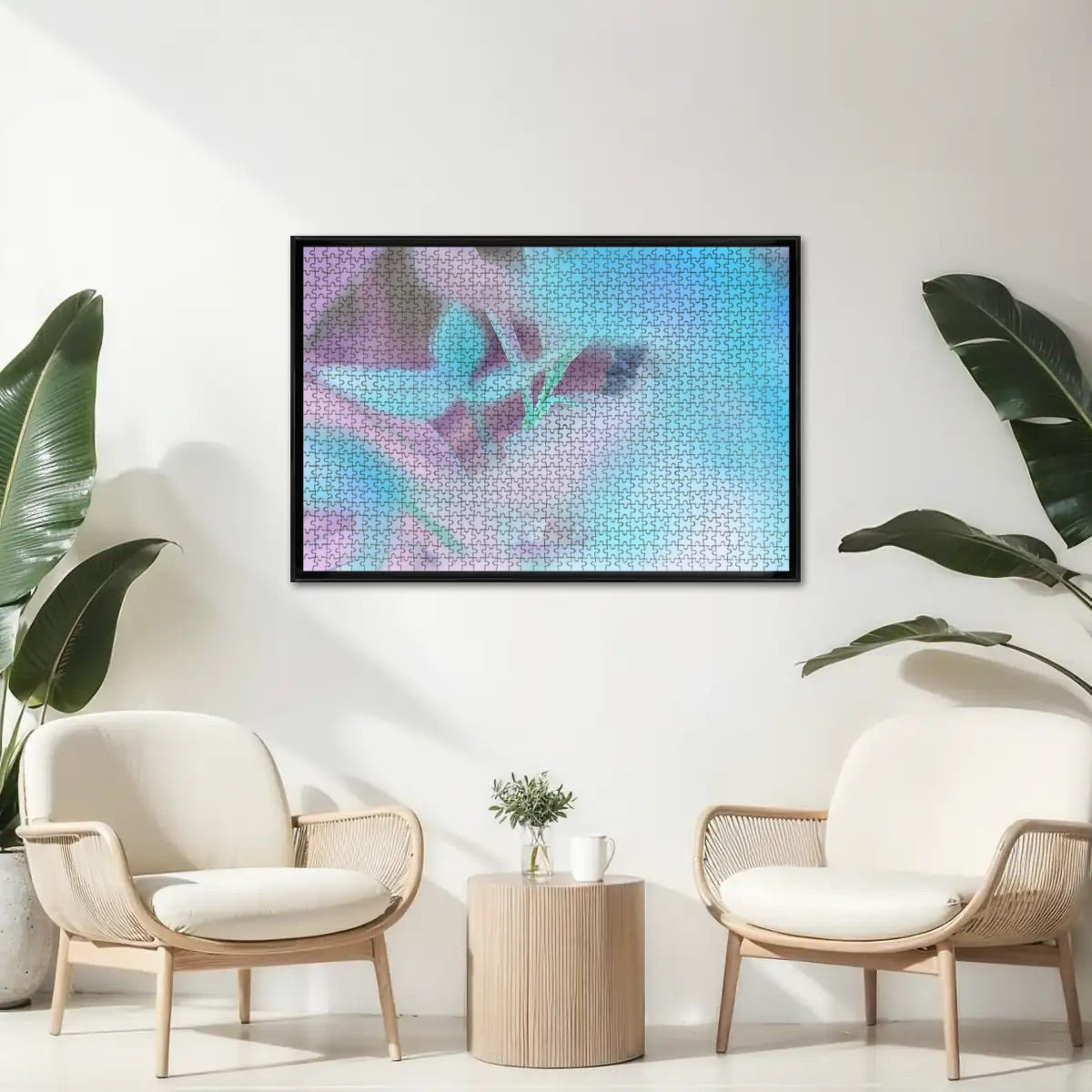 1000-piece oak wooden jigsaw puzzle featuring inverted color version of abstract red and green foliage with soft bokeh, size 19.7" x 29.5"