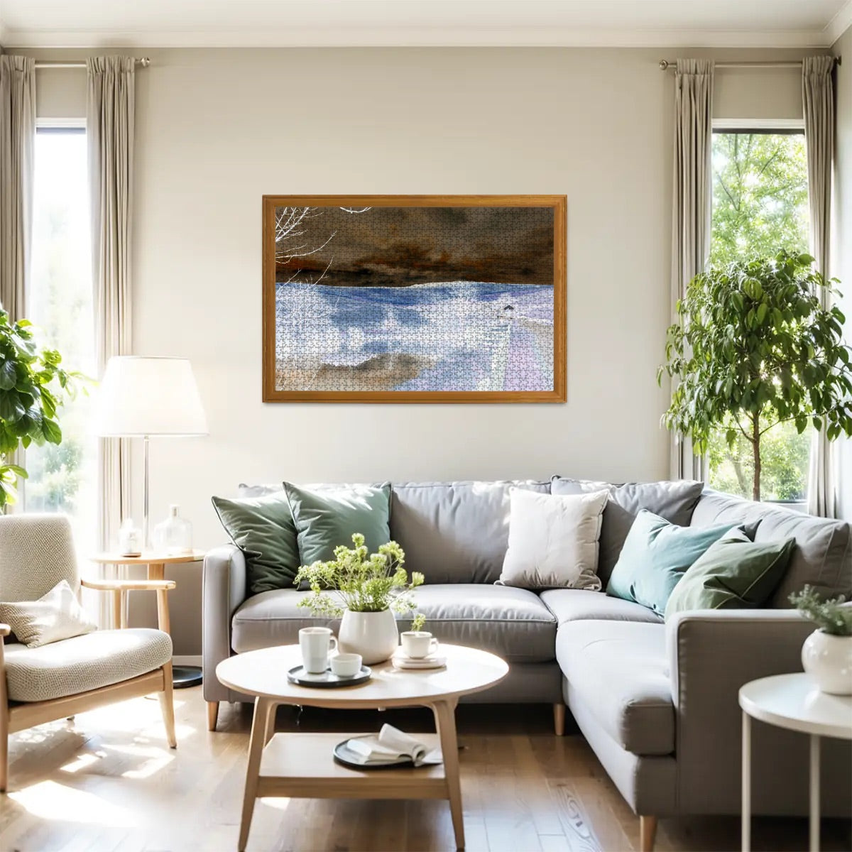 Inverted British Landscape puzzle – 1000-piece oak wood jigsaw with bold contrast and stylized rural scenery. 29.5" x 19.7".