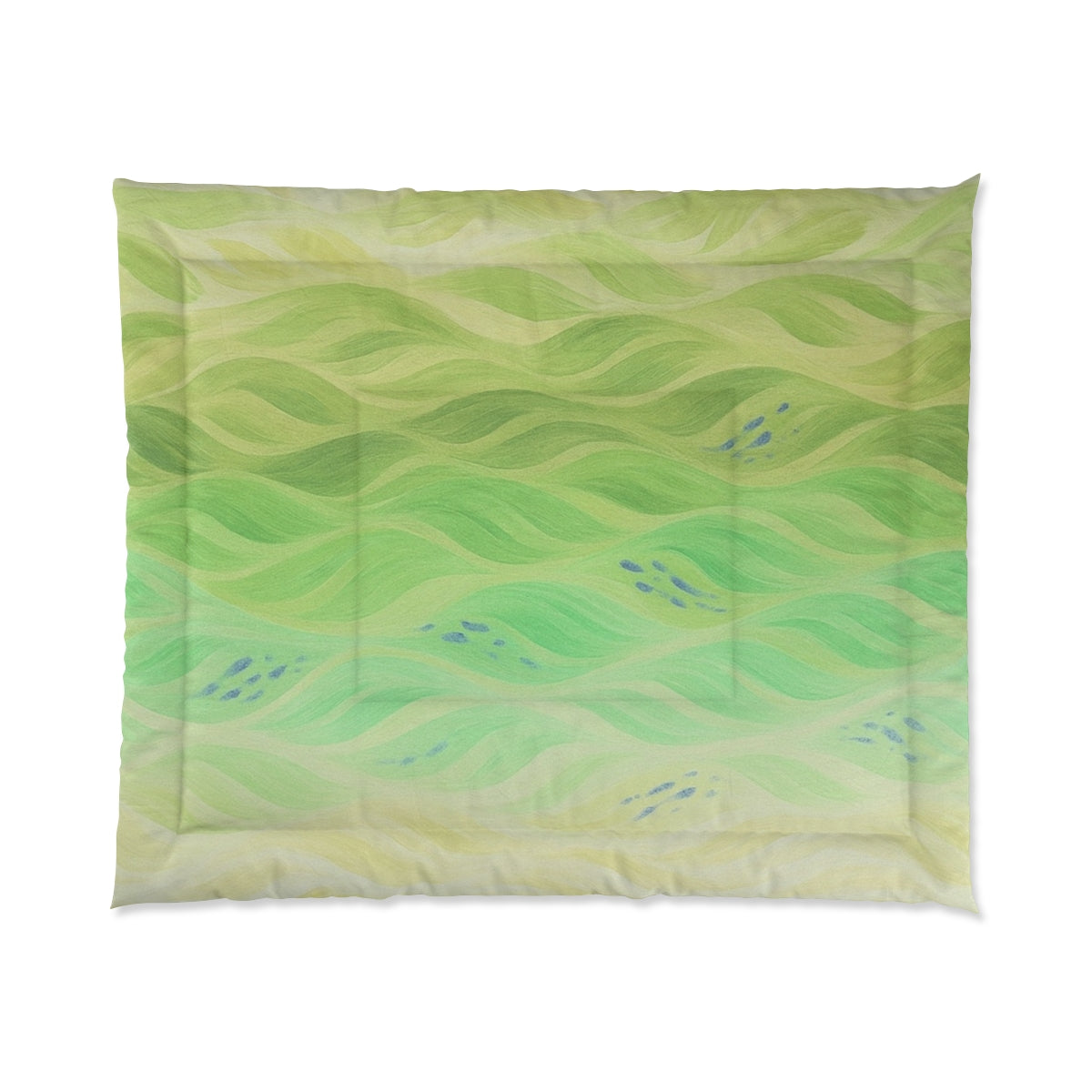 Large comforter in layered botanical greens with subtle floral energy. Size: 104" × 88"