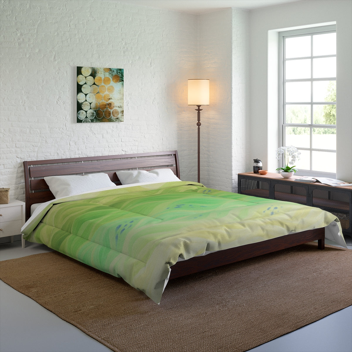 Spacious room mockup with a king-sized bed styled with the inverted comforter in serene green hues. Size: 104" × 88"