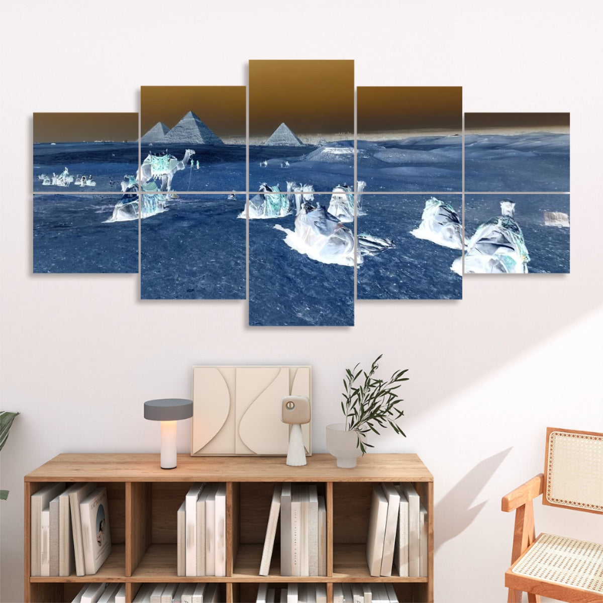 Inverted color version of camels in front of pyramids with dramatic reversed lighting, arranged on 10 decorative sound absorbing panels.