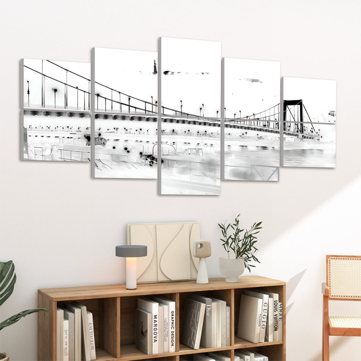 Inverted color version of a nighttime bridge over water with glowing highlights and bold contrast, arranged on 10 acoustic wall panels.