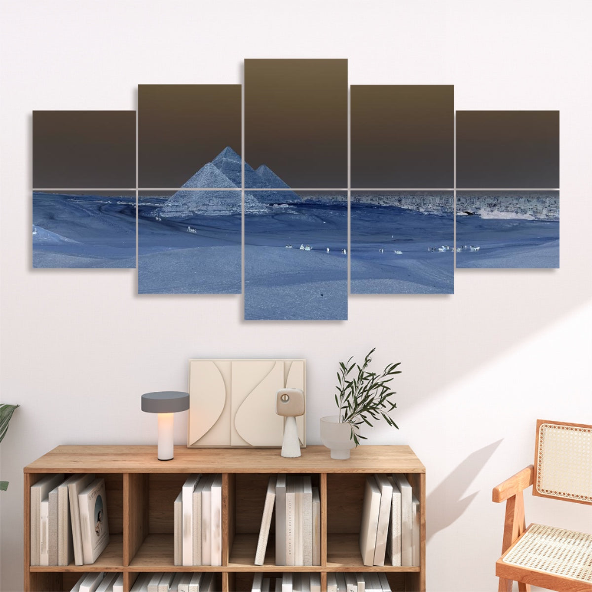 Inverted color version of a desert view with pyramids and reversed lighting, displayed across 10 surreal, sound absorbing wall panels.