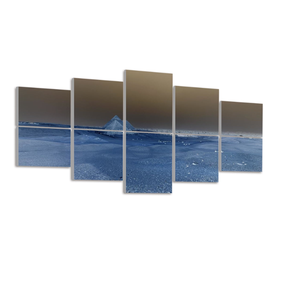 Ten decorative sound-absorbing panels in a 2×5 grid showing the Giza pyramids under a slate-gray sky, with the desert sands rendered in muted steel-blue tones, mounted on a light wall