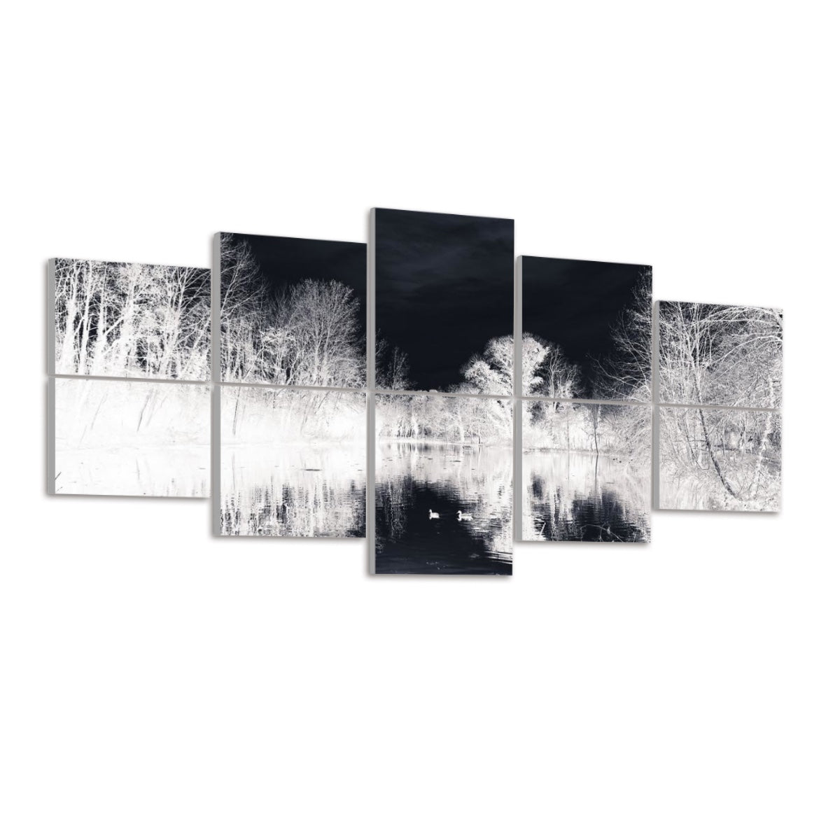 Left-angled view of 10 inverted color acoustic panels showing a surreal lakeside scene with bright branches and darkened reflections.