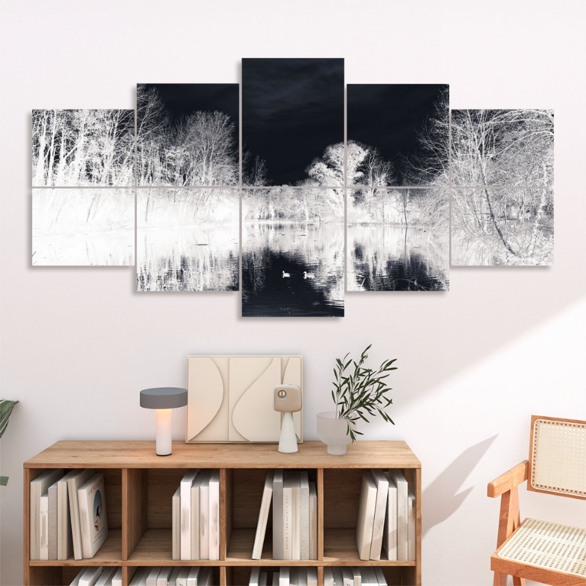 Inverted color version of a tranquil lake with glowing branches and reversed tones, displayed across 10 sound absorbing panels.