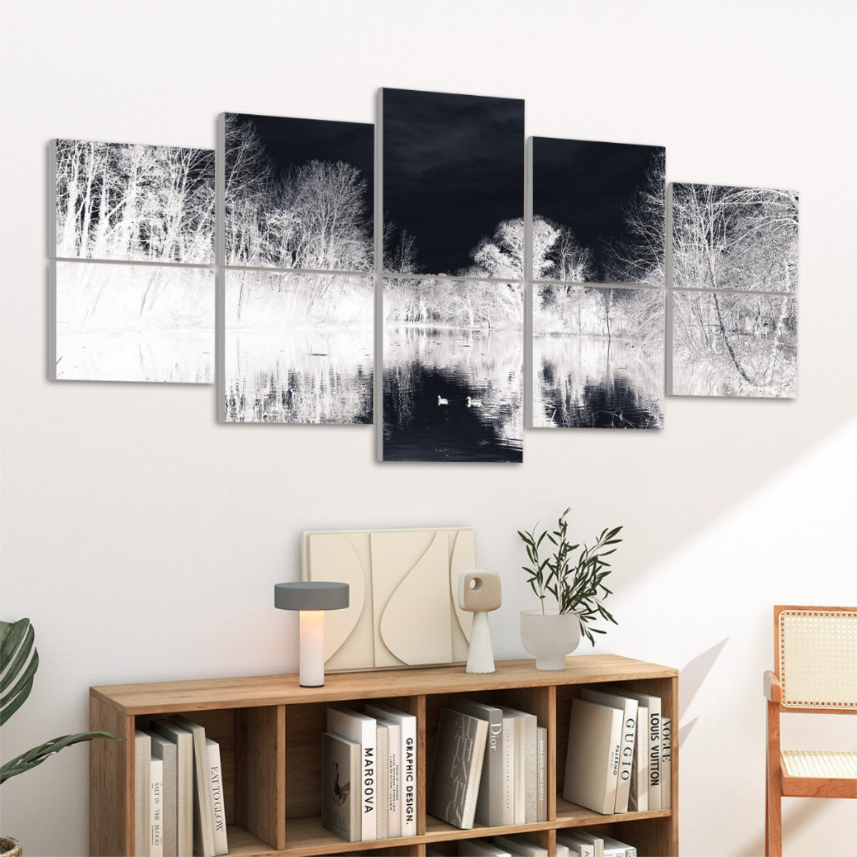 Left-angled view of 10 inverted color acoustic panels showing a surreal lakeside scene with bright branches and darkened reflections.
