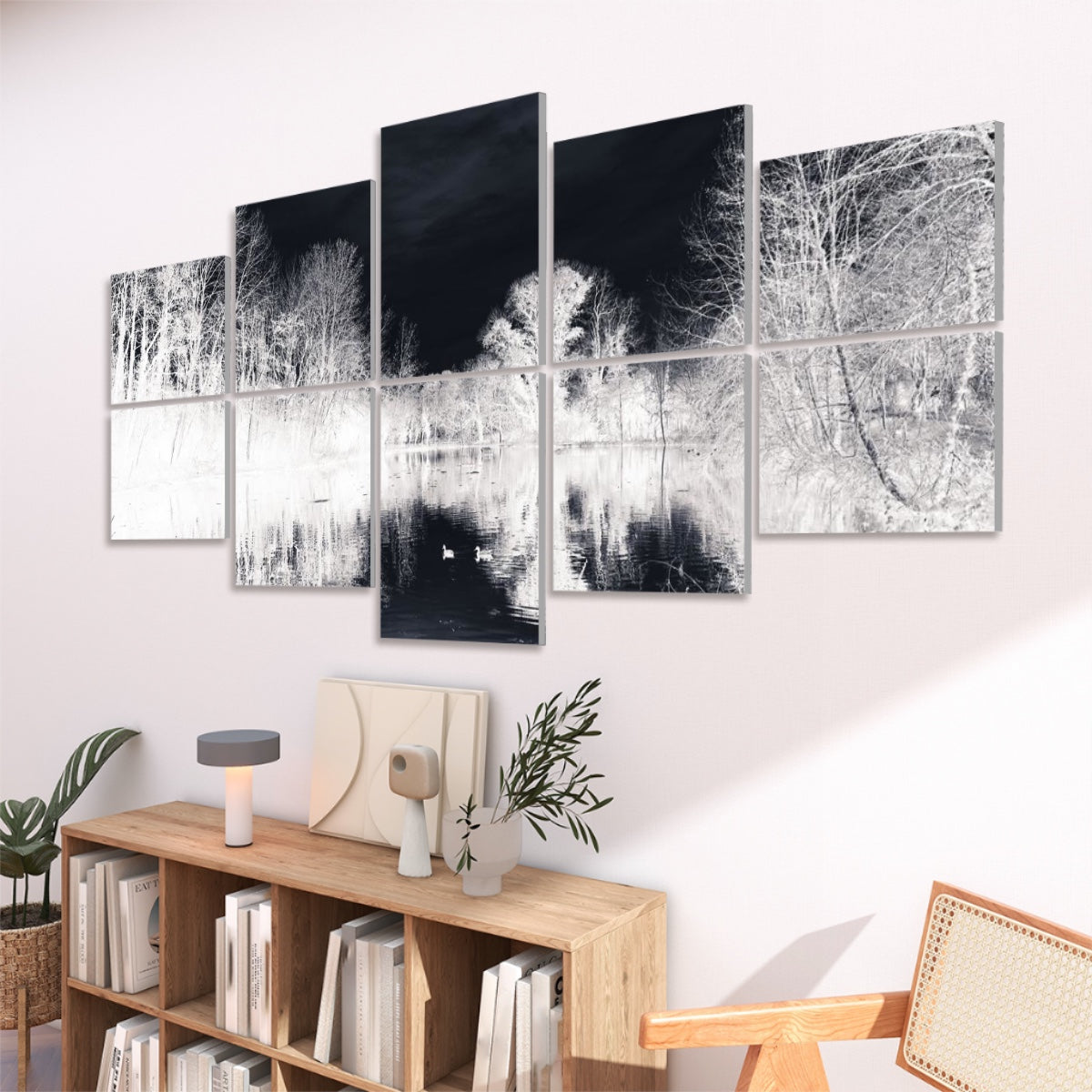 Right-angled view of inverted color sound absorbing panels depicting glowing trees and water in high contrast.