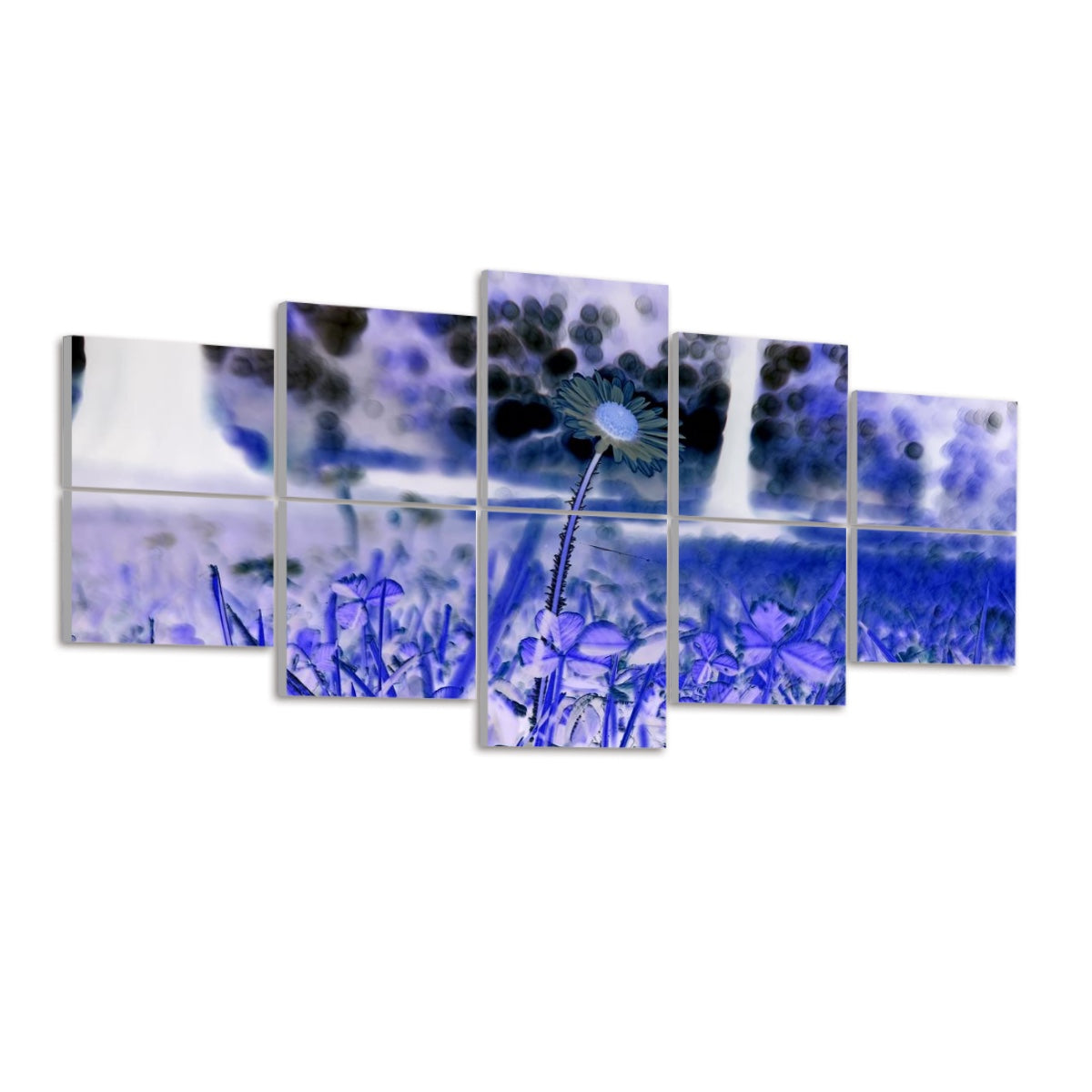 Inverted color version of a glowing daisy in a surreal field with reversed contrast, split across 10 floral decorative sound absorbing wall panels.