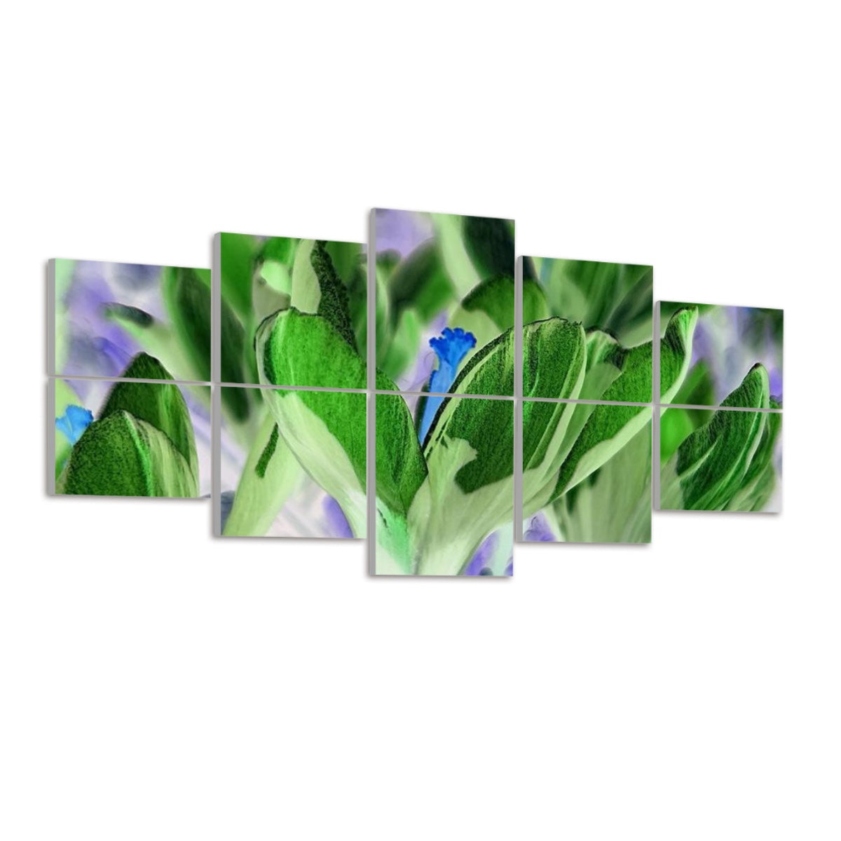 Inverted color version of blooming crocuses with bold contrast and surreal coloration, displayed across 10 floral acoustic wall panels.