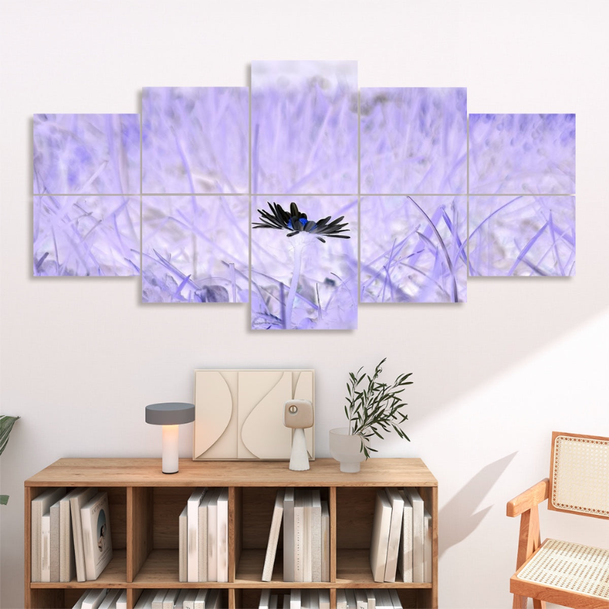 Ten panels arranged 2×5 render the daisy motif in lavender and pale blue on a light wal