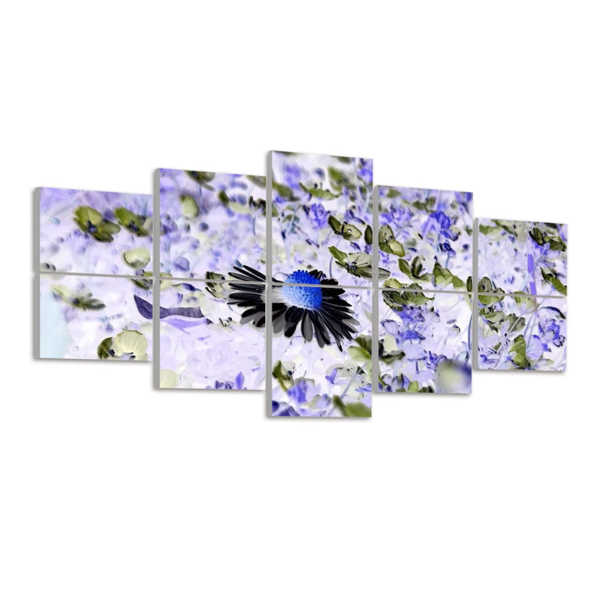 Inverted color version of daisy and surrounding flowers with bold contrast and glowing edges, arranged across 10 floral acoustic panels.