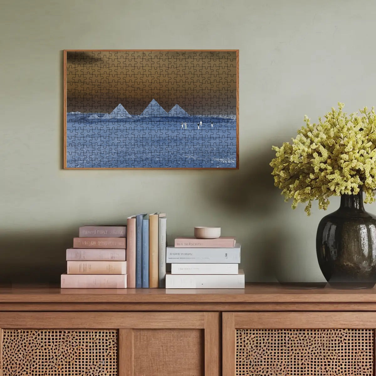 Inverted color image of the Pyramids of Giza with surreal tones and abstract styling.