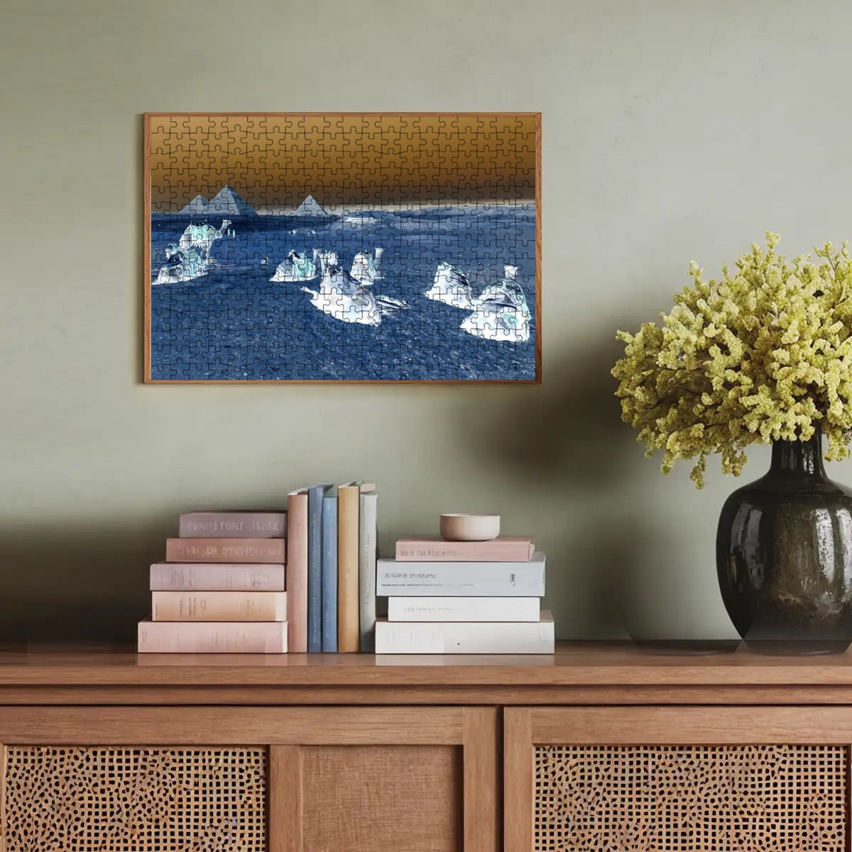 300-piece wooden puzzle featuring camels in a surreal inverted color desert scene with pyramids