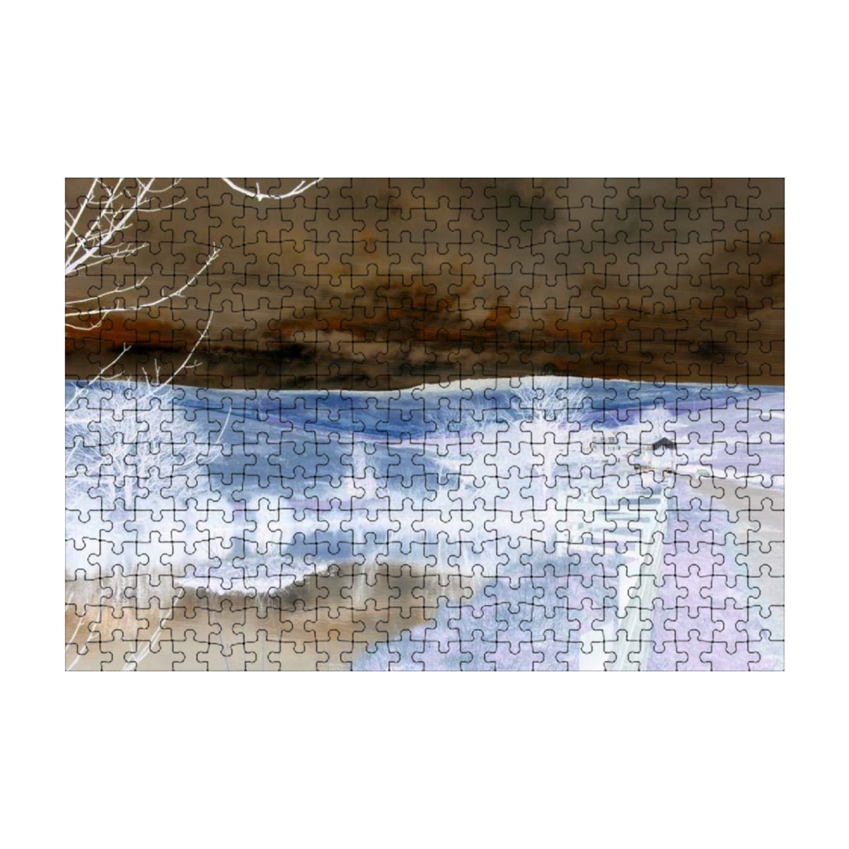 Inverted high-contrast countryside image printed as a 300-piece puzzle with bold stylized tone