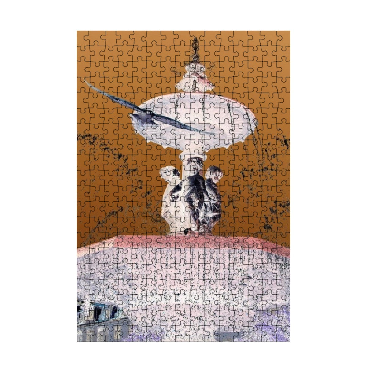 300-piece basswood jigsaw puzzle with an inverted color version of a flying seagull in Lisbon, fountain and sky in background, size 15" x 10.2"