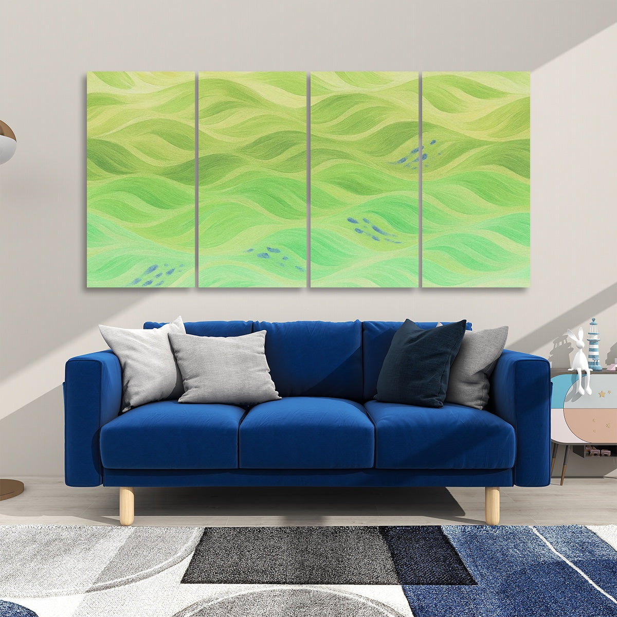 Inverted version of Gilded Amethyst Currents on 4 decorative acoustic panels, with bright tones and visual contrast