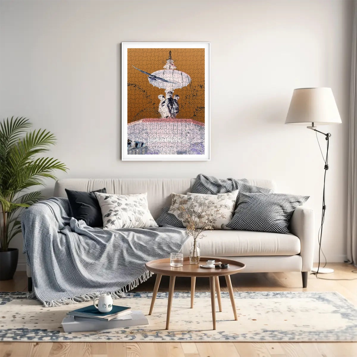 500-piece basswood jigsaw puzzle with an inverted color version of a flying seagull in Lisbon, fountain and sky in background, size 20.5" x 15"